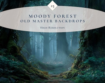 May include: A digital art image of a moody forest scene with tall trees and a path leading into the distance. The image has a soft, ethereal quality with a misty atmosphere. Text on the image reads "MOODY FOREST OLD MASTER BACKDROPS High Resolution".