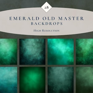 May include: A collection of eight emerald green and teal-colored digital backdrops. The backdrops have a textured, painterly effect, with variations in color and shading. Text at the top reads "Emerald Old Master Backdrops" and "High Resolution".