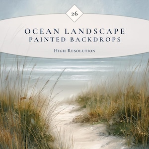 May include: A painted backdrop depicting an ocean landscape with a sandy path. The image shows tall grasses and the text "Ocean Landscape Painted Backdrops" and "High Resolution". The overall colour palette is muted.