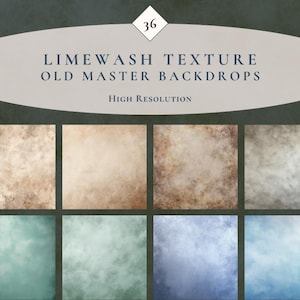 May include: A collection of eight high-resolution digital backdrops with a limewash texture, in various colors including beige, brown, teal, and blue. The text "LIMEWASH TEXTURE OLD MASTER BACKDROPS" is displayed above the images.