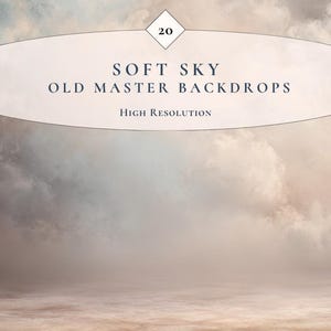 May include: A digital backdrop featuring a soft sky with clouds in shades of beige, gray, and peach. The text "SOFT SKY OLD MASTER BACKDROPS" is displayed above the sky, with "High Resolution" below.