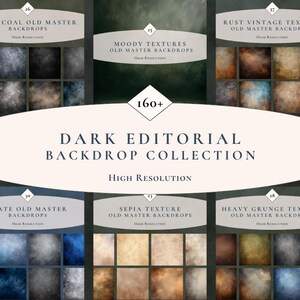 May include: A collection of dark editorial backdrops with various textures. The image showcases a variety of backgrounds, including charcoal, moody, rust, slate, sepia, and heavy grunge textures. The text reads "Dark Editorial Backdrop Collection" and "High Resolution."