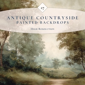 May include: An antique countryside painted backdrop with a high-resolution image of a serene landscape. The image features a path winding through a forest with trees and foliage in shades of green and brown. The text "Antique Countryside Painted Backdrops" is displayed.