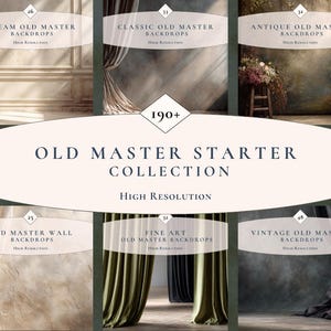 Può includere: Una collezione di sfondi Old Master ad alta risoluzione. L'immagine mostra vari stili, tra cui crema, classico, antico, parete, arte e design vintage. Il testo recita "Old Master Starter Collection" con oltre 190 opzioni.