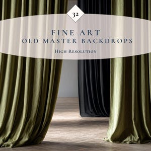 May include: Olive green and black fabric curtains with the text "FINE ART OLD MASTER BACKDROPS High Resolution". The curtains are draped and create a backdrop. The number "32" is in the upper right corner.
