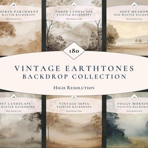 Può includere: Una collezione di sei sfondi paesaggistici digitali in tonalità terra vintage. Ogni pannello presenta scene dipinte tra cui Weathered Parchment, Faded Landscape, Soft Meadow, Soft Landscape, Vintage Sepia e Foggy Morning in alta risoluzione.