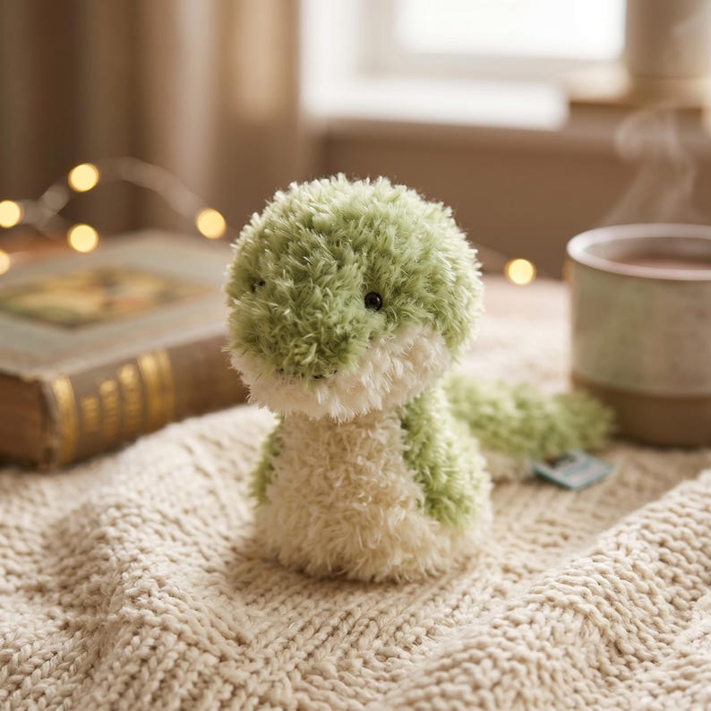 May include: A plush green and white stuffed animal, resembling a small dinosaur or lizard, sits on a cream-colored knitted blanket. The toy has a fluffy texture and black eyes. A cup of a warm beverage and a book are in the background.
