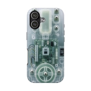 May include: A clear phone case featuring a printed design of internal electronic components, including a green circuit board, various resistors, wires, and a circular speaker element. The design includes text labels like RMA-05 and a micro SD card slot icon.