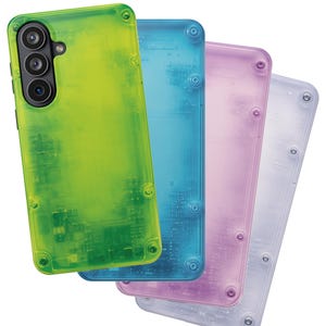 May include: Four transparent phone cases in shades of green, blue, pink, and white. Each case has a visible circuit board design and is secured with small, round fasteners. The cases are designed to fit a smartphone with a triple-lens camera.