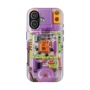 Funda para teléfono retro con efecto transparente morado - Diseño de juguetes tecnológicos de los 90