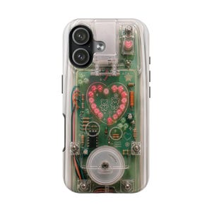 May include: A clear phone case featuring a green circuit board design with a central heart shape formed by pink LED lights, two small bear illustrations, various electronic components, and a circular white dial at the bottom.