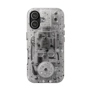 May include: A clear phone case with a speckled gray and white terrazzo pattern. The design features a visible internal electronic circuit board layout with various components, wires, and labels like 104 and 204 printed on the surface.