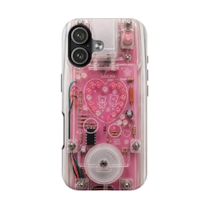 Cyber Pink Circuit Heart Phone Case – Y2K Retro Kawaii Tech Design