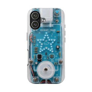 Blue PCB and LED Star Clear Effect Phone Case, Y2K Retro Kawaii Tech Cover