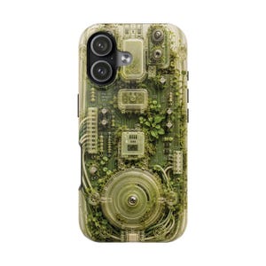 May include: A phone case featuring a translucent green circuit board design integrated with small green plants and moss. The electronic components, including a memory unit and various wires, are visible beneath the organic foliage and greenery.