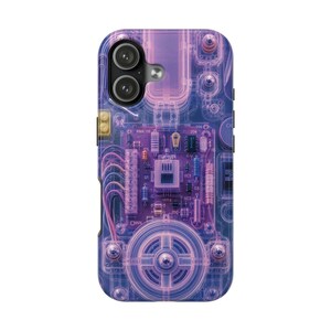 May include: A rectangular smartphone case featuring a translucent purple and blue design that mimics the internal circuitry of an electronic device. The graphic displays visible wires, resistors, capacitors, and a circular speaker component.