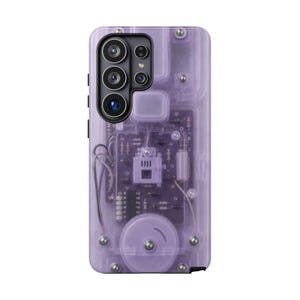 May include: A translucent light purple smartphone case featuring a visible internal circuit board design with various electronic components, resistors, and wiring. The case has a rectangular cutout for a multi-lens camera system at the top left.
