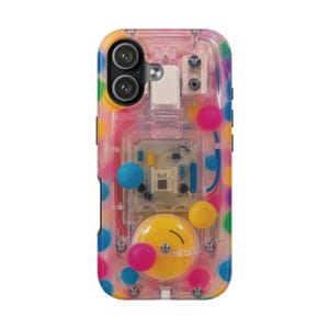 May include: A clear smartphone case featuring a colorful polka dot pattern and an internal electronic circuit board design. The case includes a prominent yellow smiley face graphic, various small colored spheres, and a dual camera cutout.