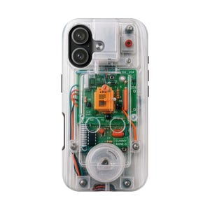 May include: Clear phone case with a visible circuit board design. The case features a transparent back, showcasing the internal components, including green circuit boards, orange and red accents, and the text "SUNMY ANNE-S".