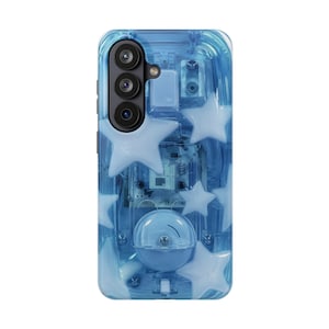 May include: A translucent blue smartphone case featuring a visible internal circuit board design and several raised, opaque light blue star-shaped embellishments. The case includes a cutout for a triple-lens camera system on the upper left side.