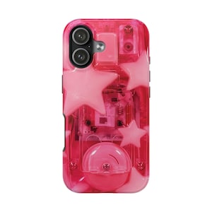 May include: A translucent hot pink smartphone case featuring a visible internal circuit board and battery component. The design is decorated with several opaque, light pink star shapes of varying sizes scattered across the back surface.