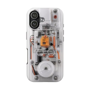 May include: Clear phone case with a transparent design showcasing internal components. The case features a circuit board design with orange, white, and gray elements. The phone's camera lenses are visible at the top.