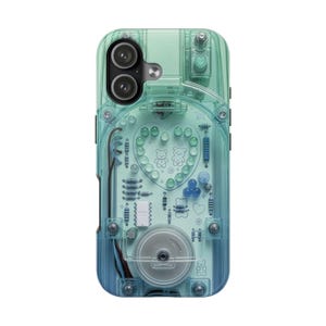 May include: A translucent phone case with a gradient from mint green to blue, featuring a mechanical circuit board design. The back displays a heart shape made of small beads, two bear illustrations, various electronic components, and a circular dial.