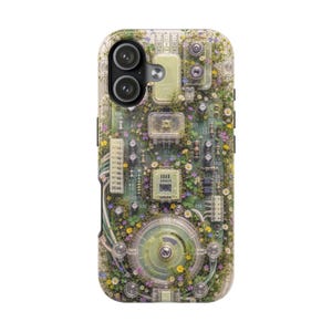 May include: A smartphone case featuring a detailed circuit board design integrated with small white, yellow, and purple wildflowers and green foliage. The electronic components, including capacitors and resistors, are visible among the floral pattern.