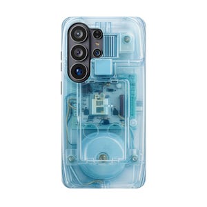Milky Blue Circuit Print Phone Case - Retro Clear Plastic Effect - for Samsung Galaxy Ultra and Plus, iPhone 16e