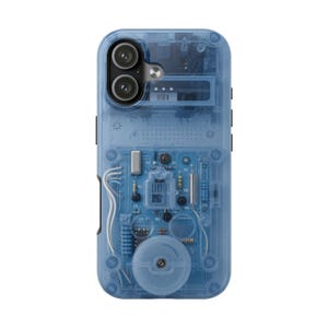 Glacier Blue Retro Cassette Phone Case - Clear Tech Effect, Y2K Electronics, Vintage Tape Design