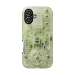May include: A light green translucent phone case featuring a mechanical circuit board design with small frog illustrations, the text POCKET FROG 02, and various electronic components like wires, resistors, and a circular dial integrated into the back.
