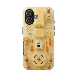 May include: A translucent yellow phone case featuring a mechanical circuit board design with gold accents, orange wires, and small electronic components. Text includes POCKET CHICK 04, PMA-06 POCKET FRIENDS COLLECTION, and PLASTIC MEMORY ARCHIVE.
