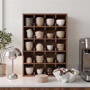 Organizador de tazas de madera y estante para tazas para cafetería/Almacenamiento de pared de cocina hecho a mano/Soporte para tazas de té/Exhibidor moderno de estación de café