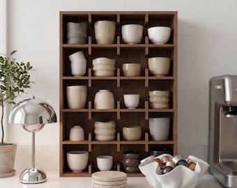 Organizador de tazas de madera y estante para tazas para cafetería/Almacenamiento de pared de cocina hecho a mano/Soporte para tazas de té/Exhibidor moderno de estación de café