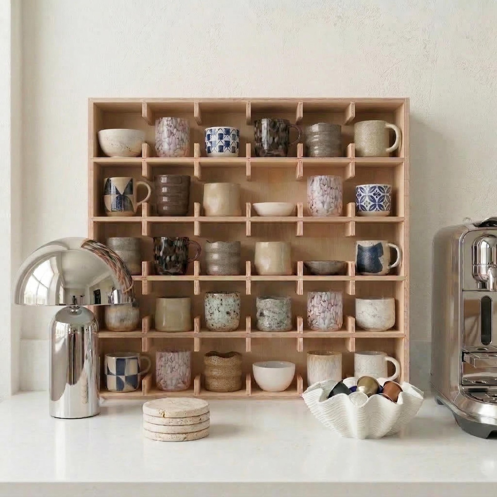 Wooden Cup Organizer & Mug Shelf for Coffee Bar | Handmade Kitchen Wall Storage | Tea Cup Holder Rack | Modern Coffee Station Display - Oak, 20 CUP ( 4 X 5 )