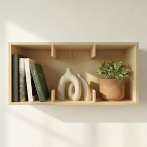 Può includere: Una mensola rettangolare in legno chiaro con tre scomparti. Lo scomparto di sinistra contiene libri, quello centrale due vasi bianchi astratti e quello di destra una pianta in vaso in un vaso di terracotta. La mensola è montata su una parete bianca.