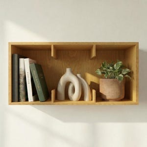 Può includere: Una mensola in legno con finitura in legno chiaro. La mensola contiene libri, due vasi bianchi astratti e una pianta in vaso con foglie verdi in un vaso di terracotta. La mensola è montata su una parete bianca.