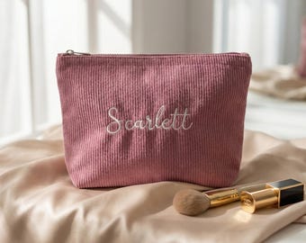 Personalized Corduroy Makeup Bag, Bridesmaid Gift, Embroidered Cosmetic Pouch, Wedding Party Gift, Custom Makeup Organizer, Travel Clutch