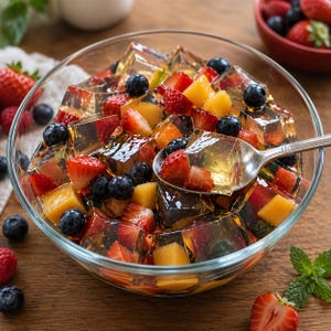 May include: A clear glass bowl filled with fruit gelatin cubes. The gelatin contains pieces of strawberries, blueberries, and mango. A spoon scoops out a cube of gelatin. The bowl sits on a wooden surface.