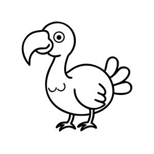 Puede incluir: Ilustración de dibujos animados en blanco y negro de un pájaro dodo. El pájaro tiene un pico grande, un cuerpo redondo y pies pequeños. El dodo está de pie y mirando hacia la izquierda.