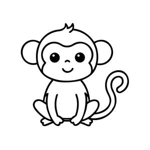 May include: A black and white cartoon illustration of a monkey. The monkey is sitting with its legs crossed, has large round eyes, and a curved tail. The monkey's ears are round and it has a small tuft of hair on its head.