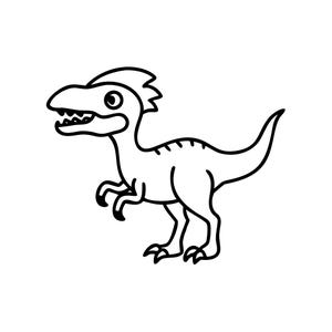 Puede incluir: Ilustración de dibujos animados en blanco y negro de un dinosaurio. El dinosaurio tiene una cresta en la cabeza, una cola larga y dientes afilados. Está de pie sobre dos patas con los brazos doblados. El dinosaurio mira hacia la izquierda.