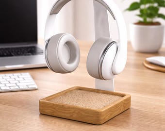 Soporte para auriculares de madera de fresno, organizador de escritorio minimalista, bandeja de corcho