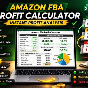 Könnte beinhalten: Ein Laptop-Bildschirm zeigt einen Amazon FBA Profit Calculator mit Finanzdaten und Diagrammen. Das Bild enthält Text wie "Sofortige Gewinnanalyse" und "Excel-Vorlage". Zusätzliche Elemente sind ein Notizblock, Münzen und eine kleine Pflanze.