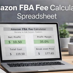 Könnte beinhalten: Ein Laptop zeigt eine Amazon FBA Fee Calculator-Tabelle. Der Bildschirm zeigt Finanzdaten, einschließlich Nettogewinn, Gewinnspanne, Gesamtkosten und Gewinnschwelle. Der Text "Amazon FBA Fee Calculator Spreadsheet" steht oben.
