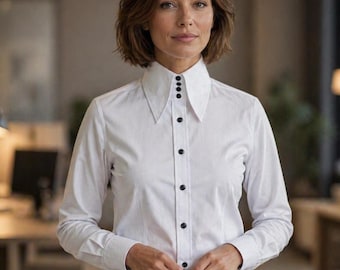 Biała bluzka z długim szpiczastym kołnierzykiem dla kobiet z kontrastowym czarnym 4 guzikami, z wysokim kołnierzem i koszulą w stylu vintage z lat 70.