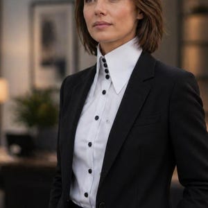 Camicetta lunga a punta in cotone bianco da donna con 4 bottoni neri a contrasto, collo alto, stile Lagerfeld, top vintage, camicia con colletto grande