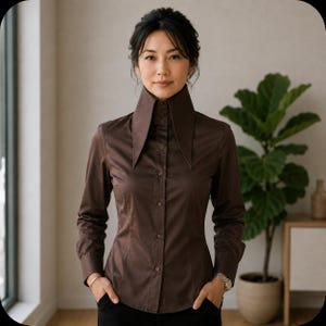 Camicia vintage stile Karl Lagerfeld da donna, blusa in seta marrone cioccolato, lunghezza 7,5", collo alto, colletto grande.
