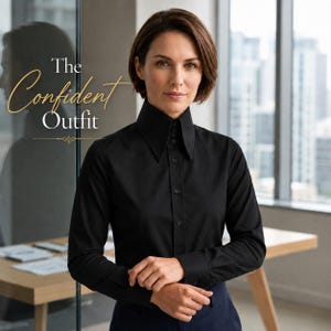 Camicia lunga a punta da donna nera, collo alto, camicetta in cotone con colletto grande, stile gangster, colletto grande, camicia vintage stile Lagerfeld