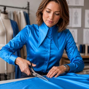 Può includere: Una camicia a maniche lunghe di colore blu vibrante con colletto a punta, realizzata in un tessuto liscio simile al raso. La camicia presenta un'abbottonatura frontale e polsini strutturati, con una finitura elegante e una vestibilità aderente.